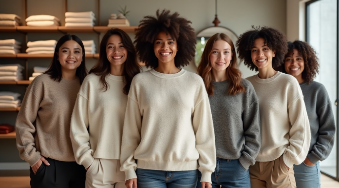 Groupe diversifié portant un pull oversize unisexe dans une boutique moderne
