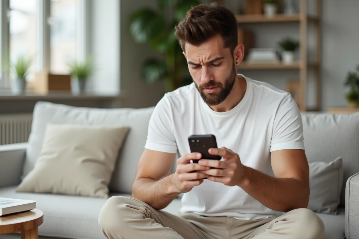 Homme consultant une application de vente flash The Bradery sur smartphone depuis son canapé à la maison