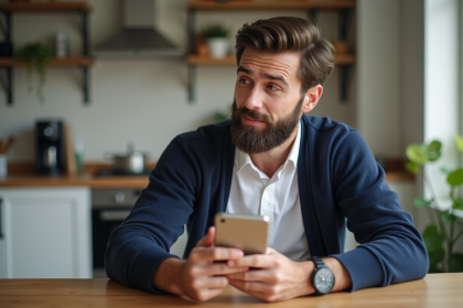 Homme barbu en cuisine examinant sa barbe dans un miroir