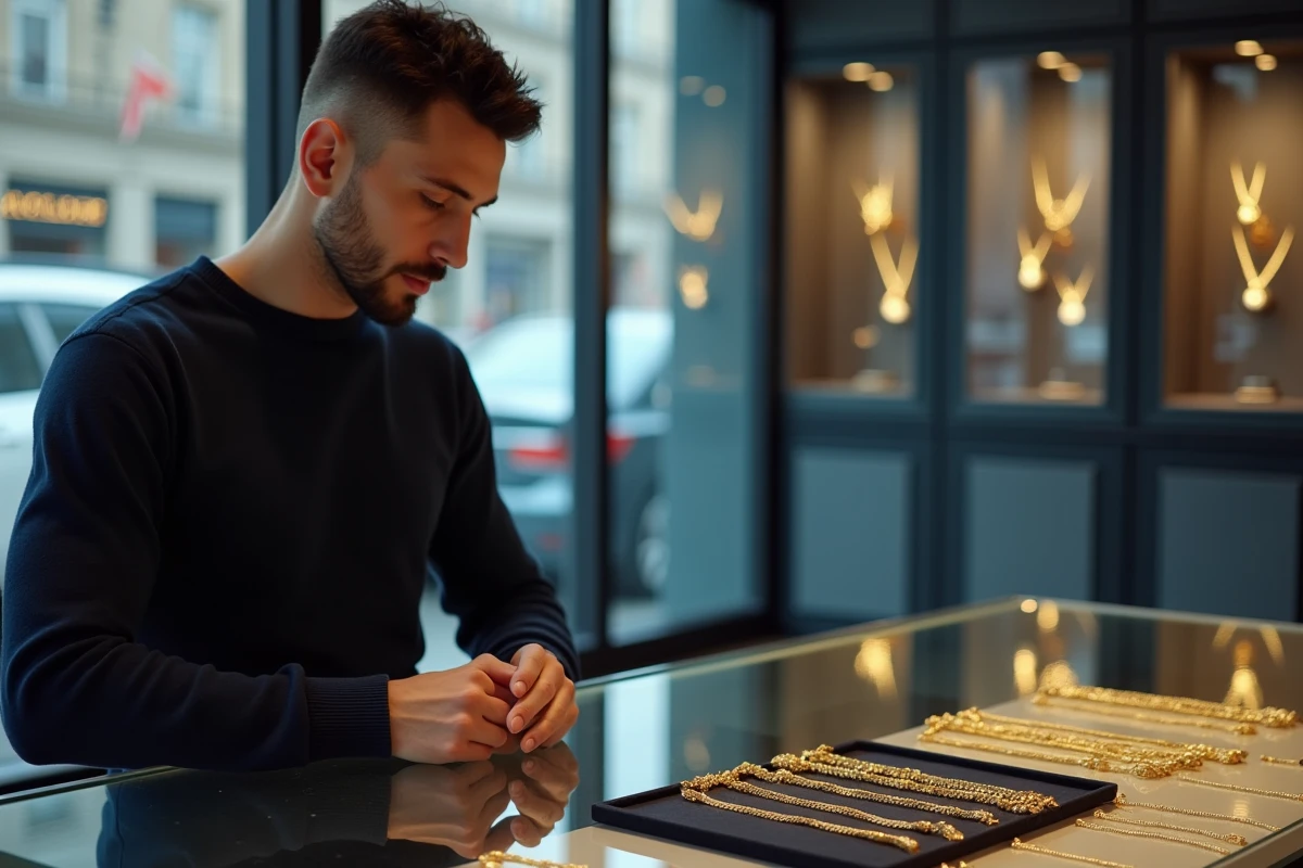 Homme examinant des chaînes en or dans une boutique moderne