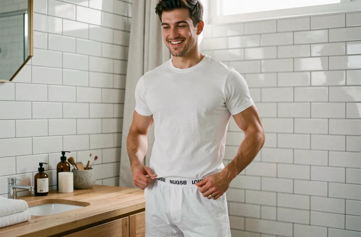 Homme portant un boxer personnalisé dans une salle de bain moderne lors de sa routine matinale