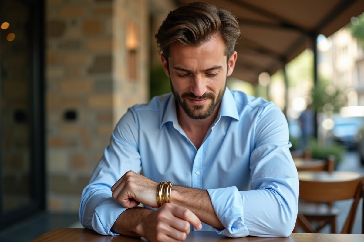 Homme ajustant un bracelet en or dans un café extérieur