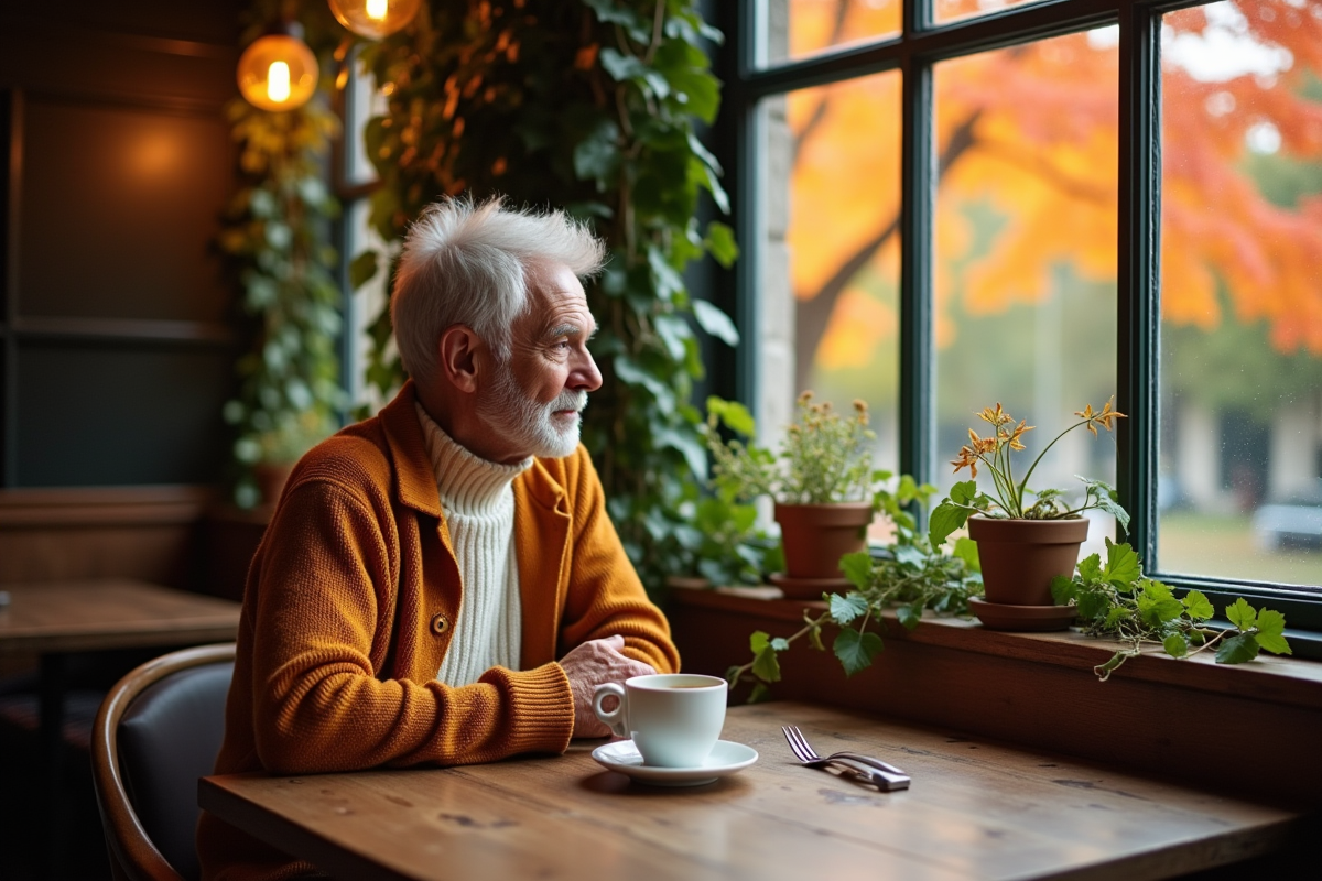 Homme âgé buvant un café dans un café en automne