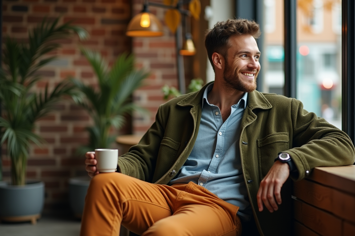Homme détendu dans un café avec tasse en céramique