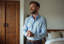 Habillage masculin : astuces pour adopter un look authentique Homme en chemise bleue dans une chambre lumineuse