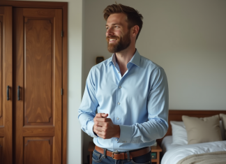 Habillage masculin : astuces pour adopter un look authentique Homme en chemise bleue dans une chambre lumineuse