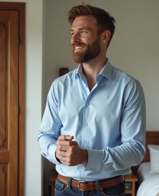 Homme en chemise bleue dans une chambre lumineuse