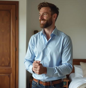 Habillage masculin : astuces pour adopter un look authentique Homme en chemise bleue dans une chambre lumineuse