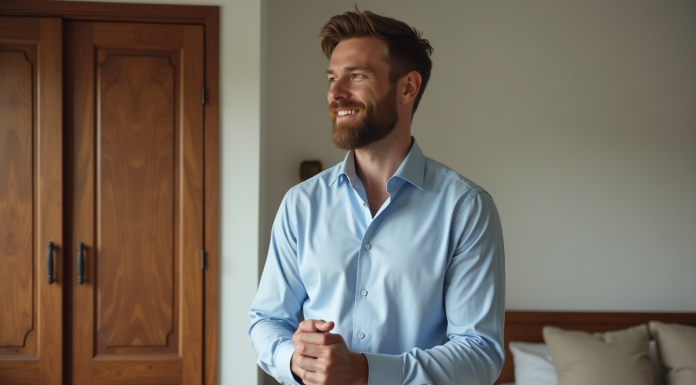Homme en chemise bleue dans une chambre lumineuse