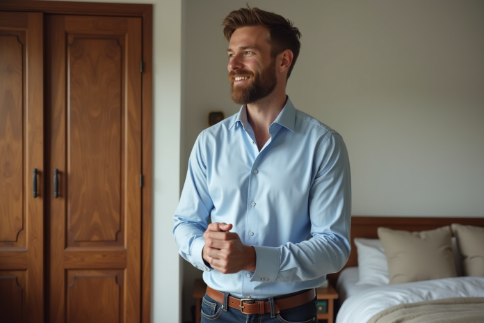 homme-chambre-lin-bleu Homme en chemise bleue dans une chambre lumineuse