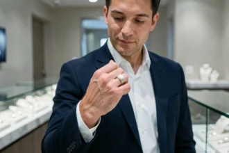 Homme en costume marine examinant une chevalière en or blanc dans une boutique de joaillerie moderne