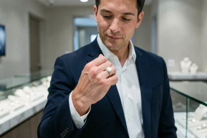 Homme en costume marine examinant une chevalière en or blanc dans une boutique de joaillerie moderne