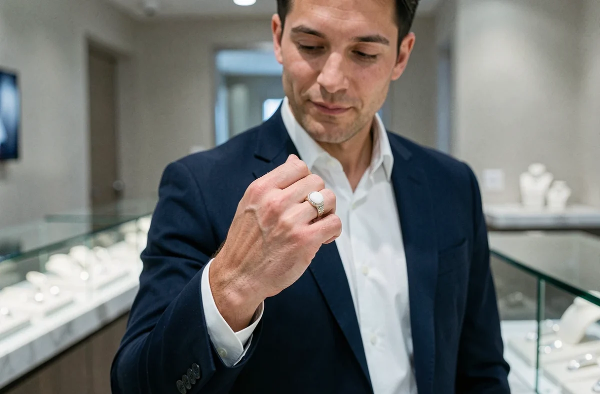 Homme en costume marine examinant une chevalière en or blanc dans une boutique de joaillerie moderne