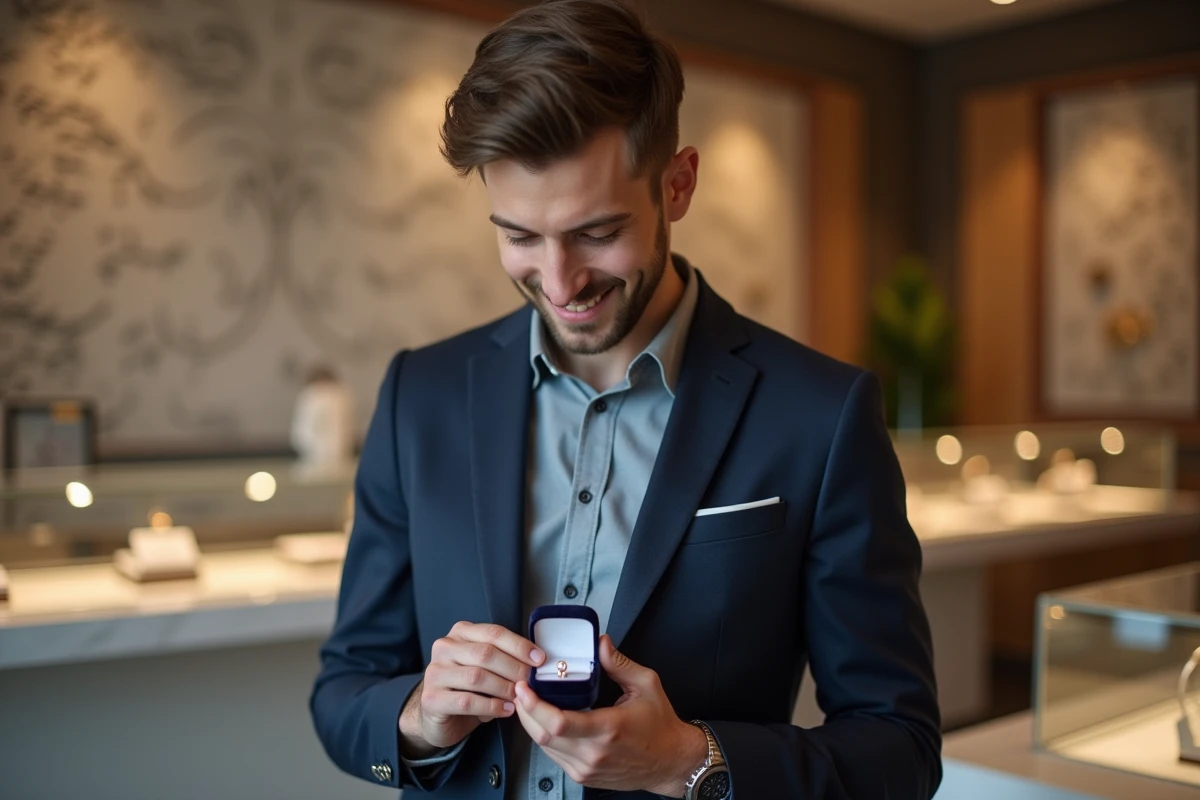Homme souriant tenant une bague dans un magasin moderne