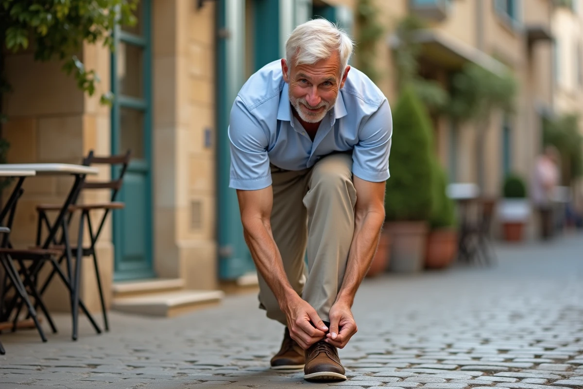 Homme français dehors attachant ses chaussures sur la rue pavée