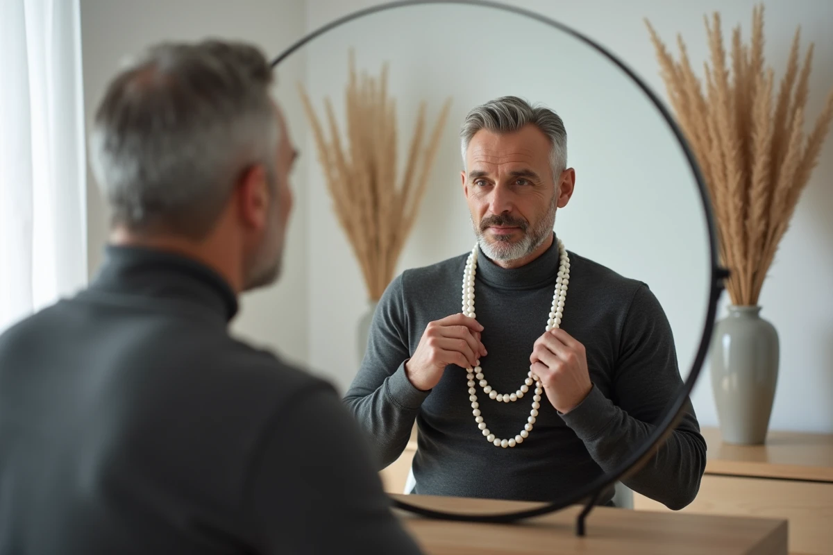 Homme aux cheveux poivre et sel enfilant un collier de perles devant un miroir dans une chambre scandinave