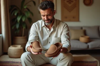 Homme d'âge moyen compare babouches traditionnelles