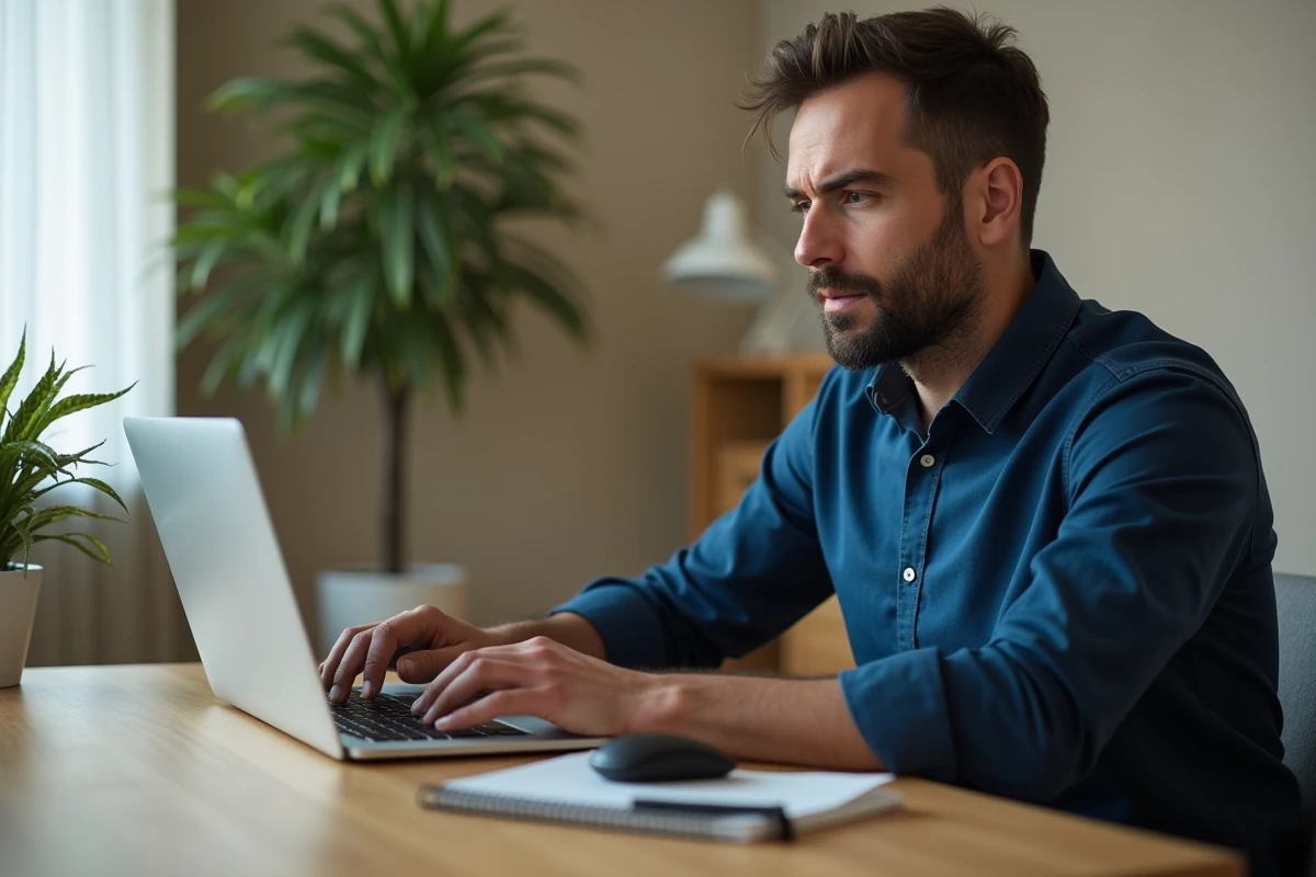 Homme devant son ordinateur consultant son compte bancaire en ligne pour identifier une transaction marquée comme inconnue