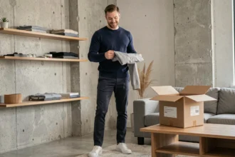 Homme élégant en pull marine découvrant le contenu de sa box mode dans un appartement moderne minimaliste