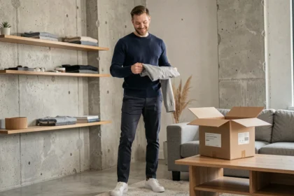 Homme élégant en pull marine découvrant le contenu de sa box mode dans un appartement moderne minimaliste