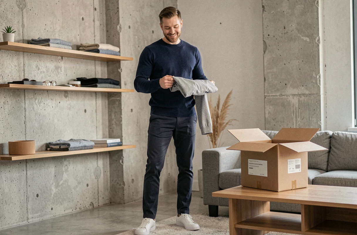 Homme élégant en pull marine découvrant le contenu de sa box mode dans un appartement moderne minimaliste