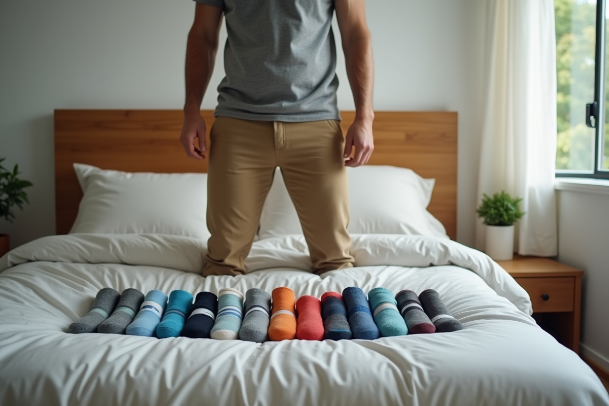 Homme organise des chaussettes colorées dans sa chambre moderne