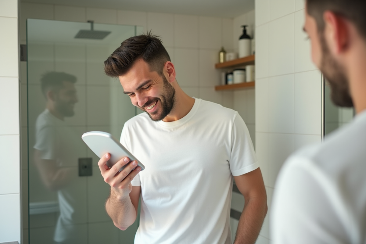 Homme regardant sa coupe de cheveux dans un miroir de salle de bain