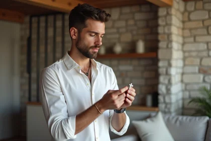 Homme élégant examine un pendentif croix dans un intérieur moderne
