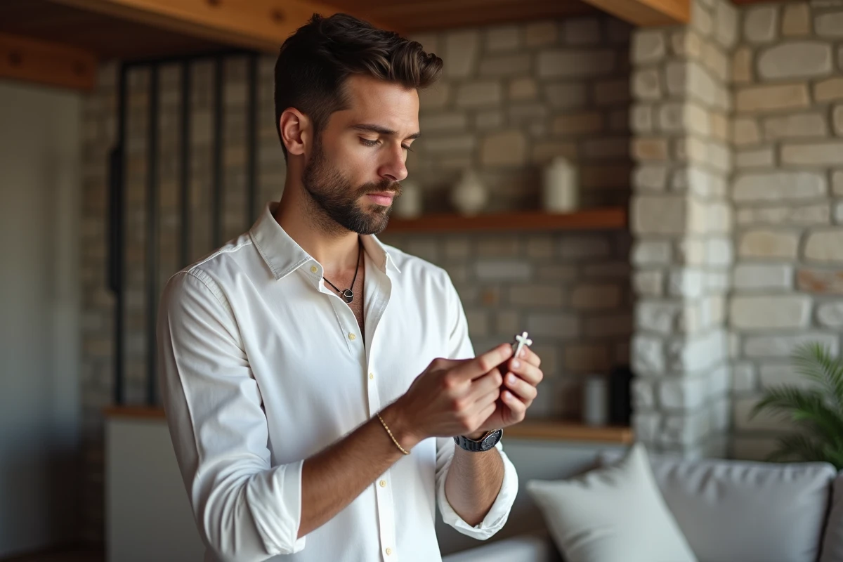 Homme élégant examine un pendentif croix dans un intérieur moderne