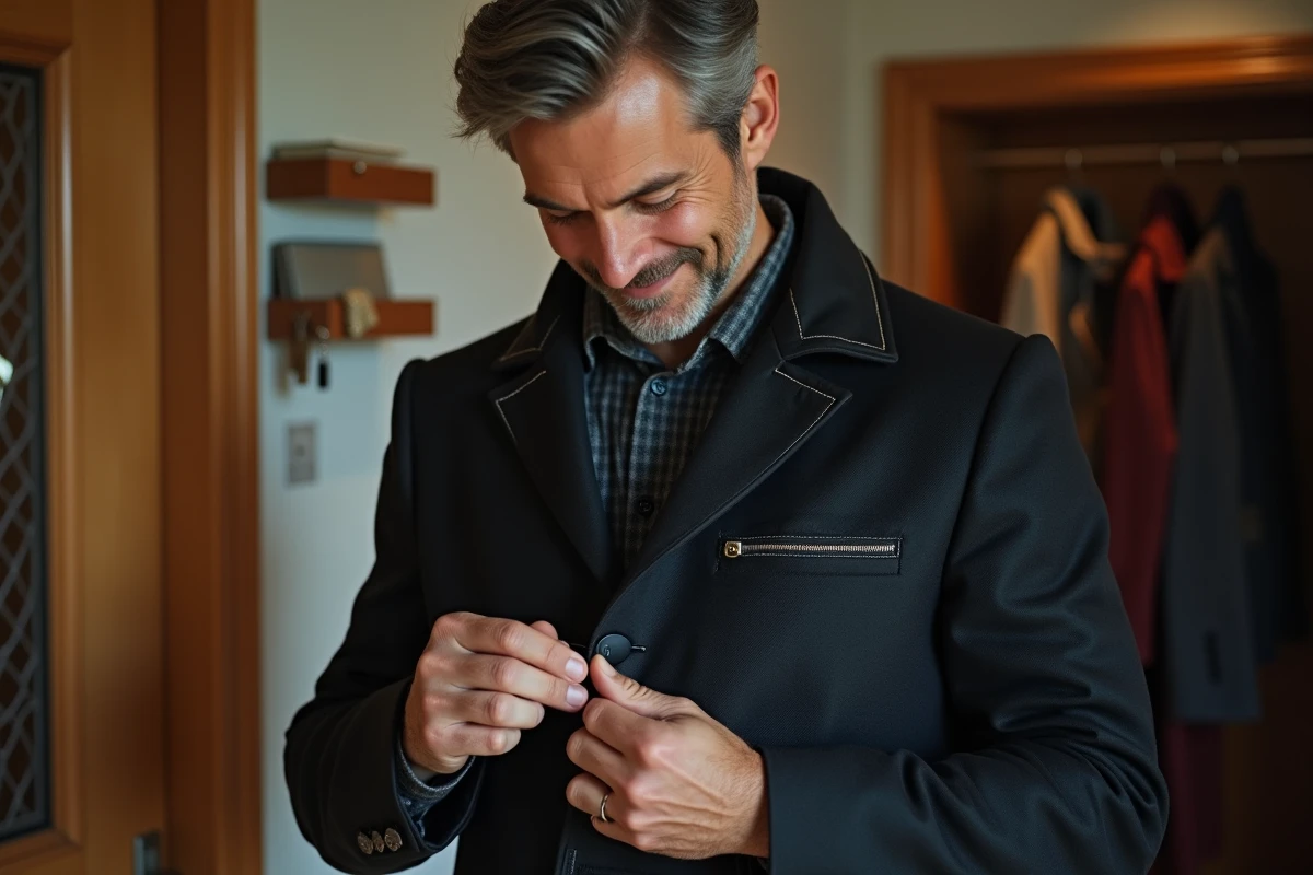 Homme réparant la poche de son manteau dans son appartement