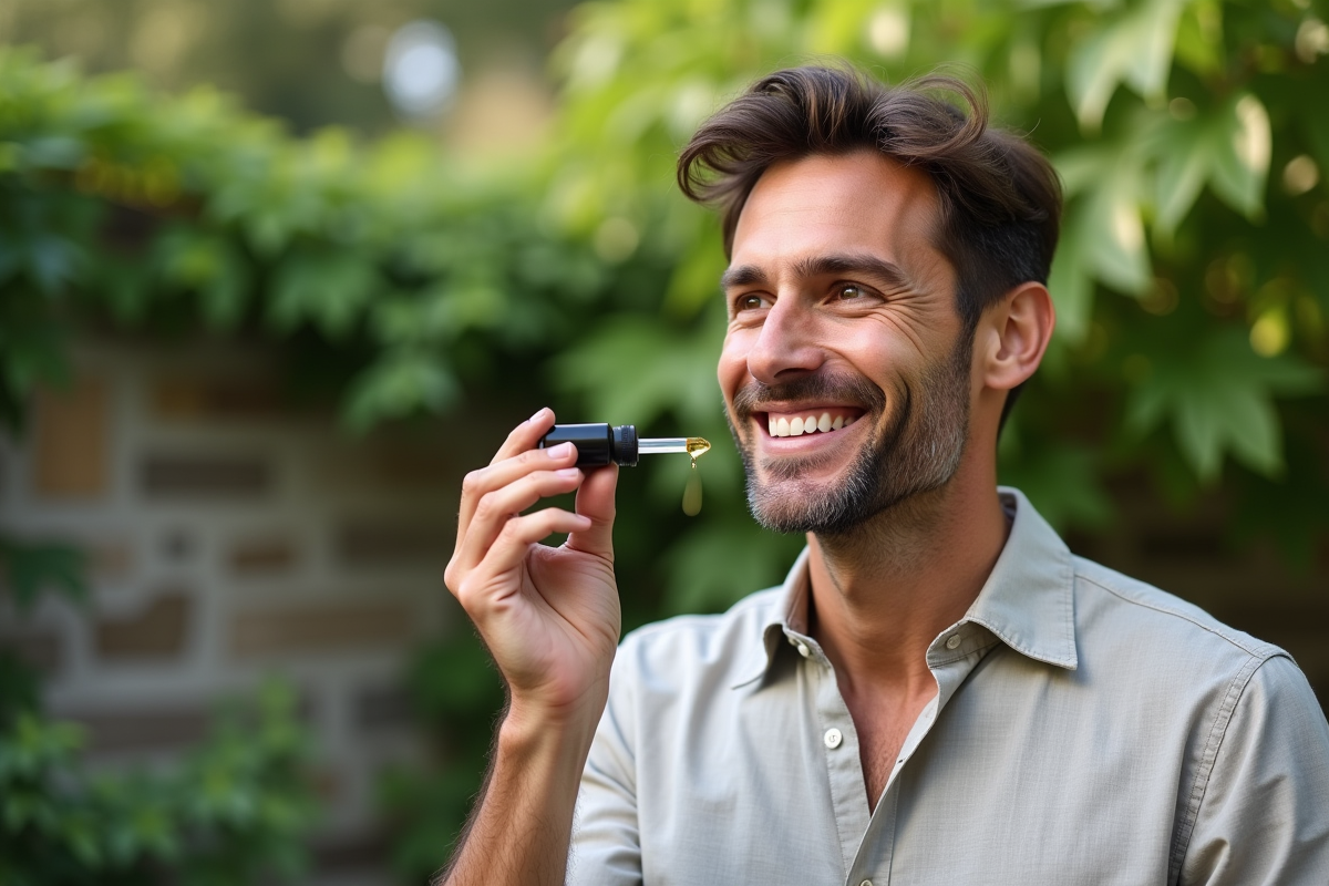 Homme appliquant un serum dans un jardin verdoyant