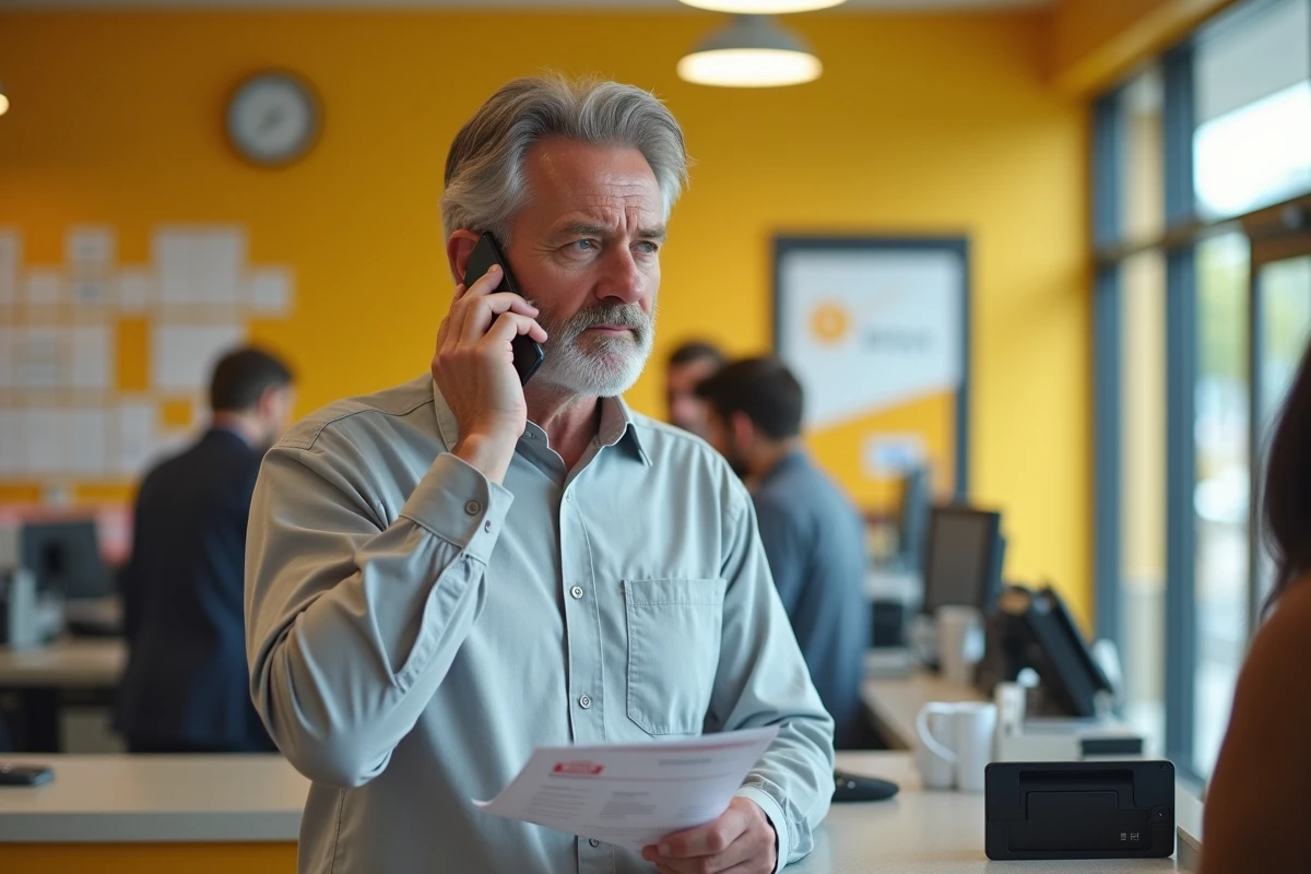 Homme au téléphone dans un bureau de poste tentant de résoudre un problème de commande bloquée sur Mon habillement