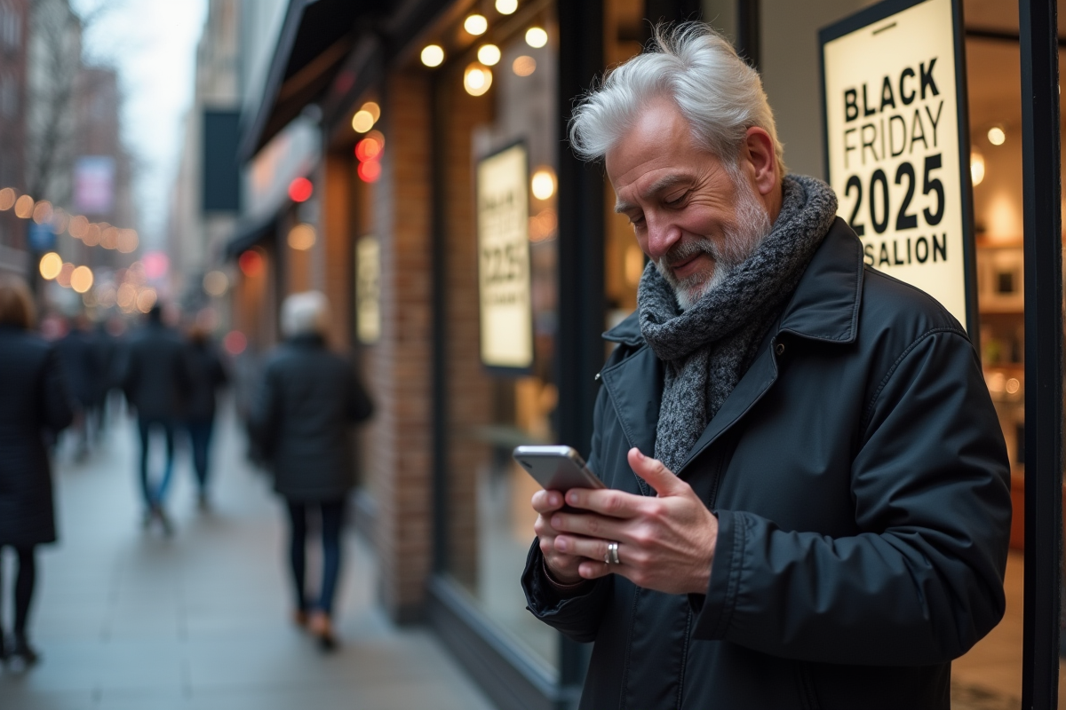 Homme regarde son smartphone devant vitrine de magasin