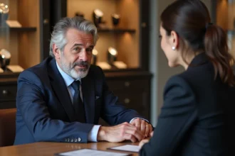 Homme d'affaires en costume dans une boutique horlogerie