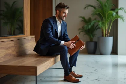 Homme élégant en costume navy avec accessoires en cuir