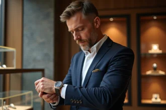 Homme en costume regardant une montre de luxe dans une boutique élégante