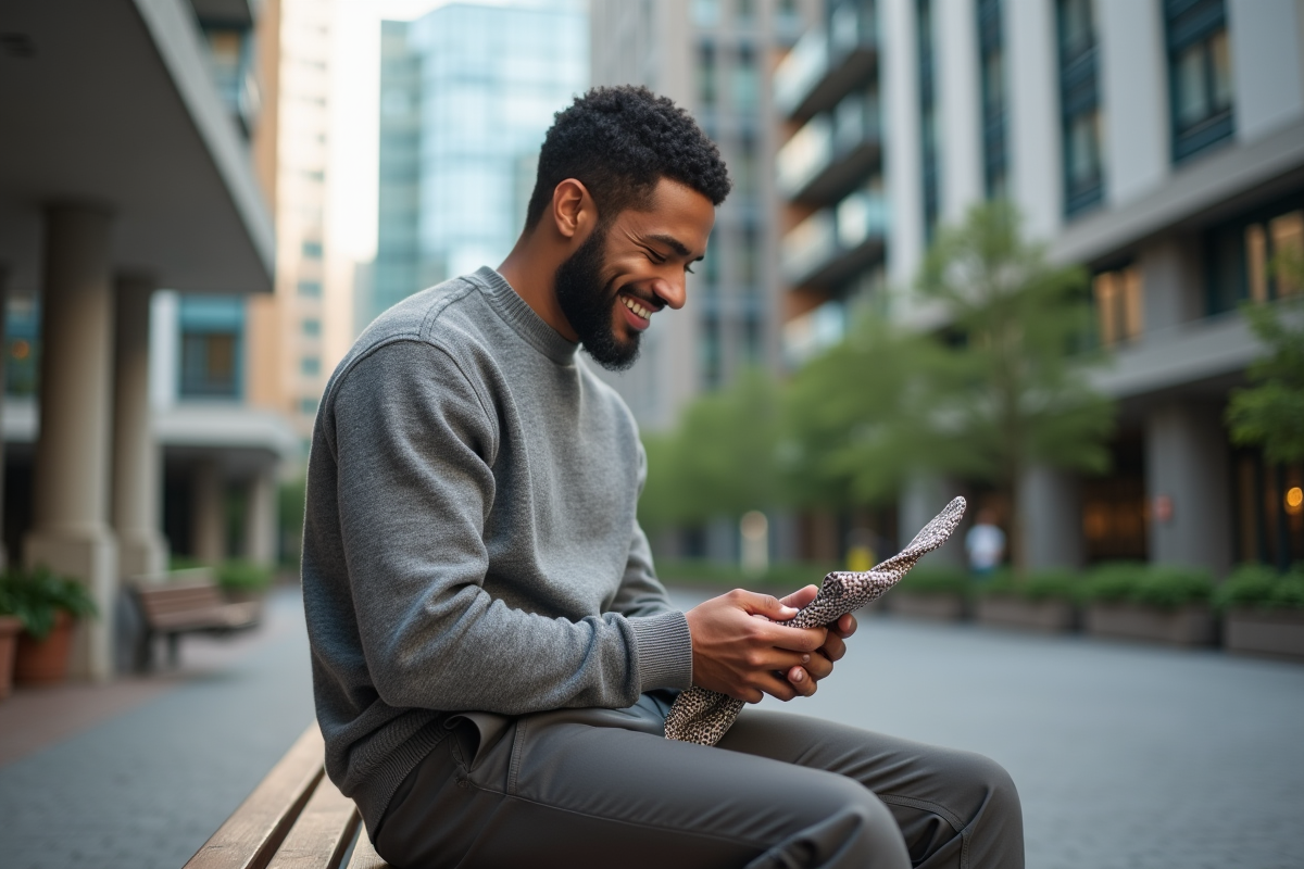 Jeune homme dans la ville examinant un shirt à motifs