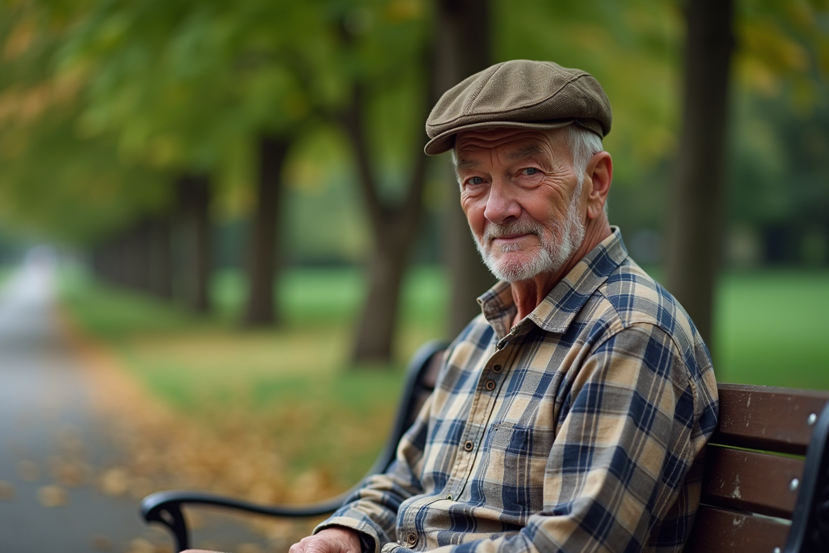 Homme âgé en chemise à carreaux et casquette vintage sur un banc