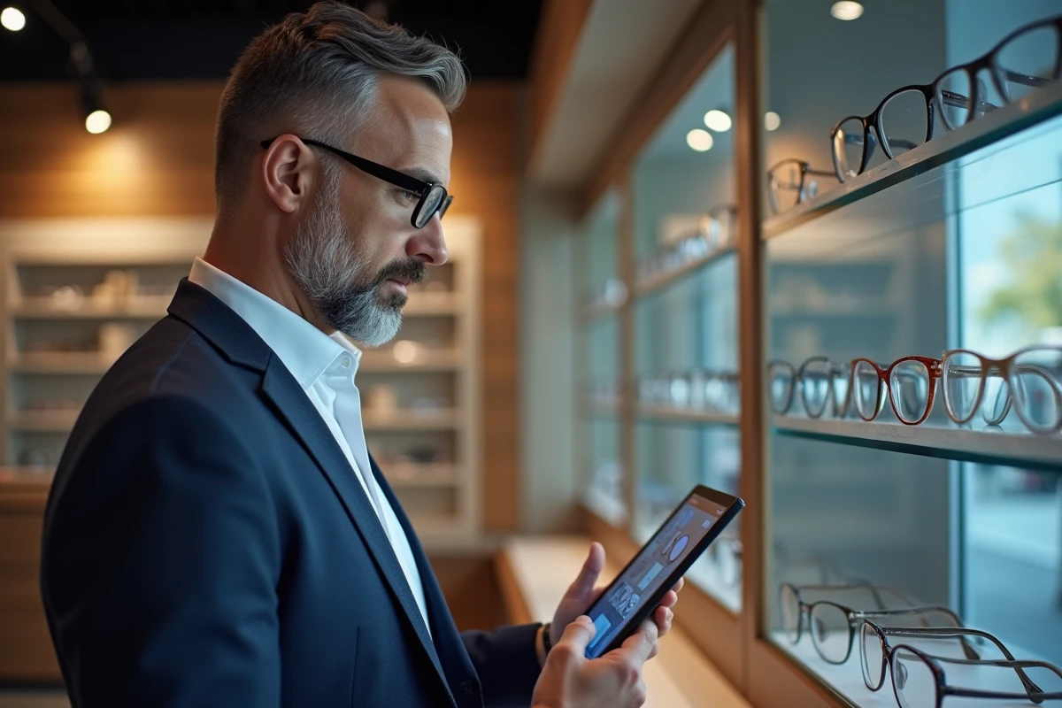 Homme examinant ses lunettes virtuelles dans une boutique moderne