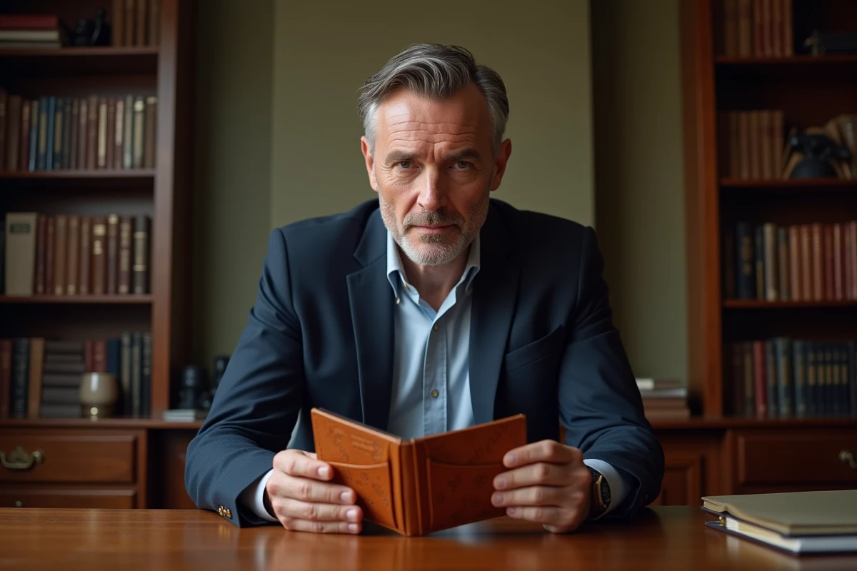 Homme inspectant le code date et la quincaillerie d'un portefeuille Louis Vuitton avec une loupe sur un bureau en bois