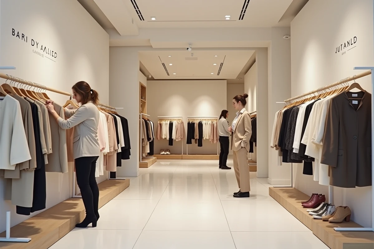 Intérieur d'un magasin de mode NEW Touch avec portants de vêtements et vendeuse assistant une cliente dans une boutique propre et moderne