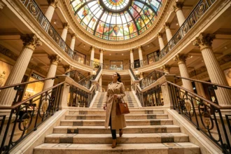 Intérieur historique d'un grand magasin parisien avec dôme en verre art nouveau et balustrades en fer forgé