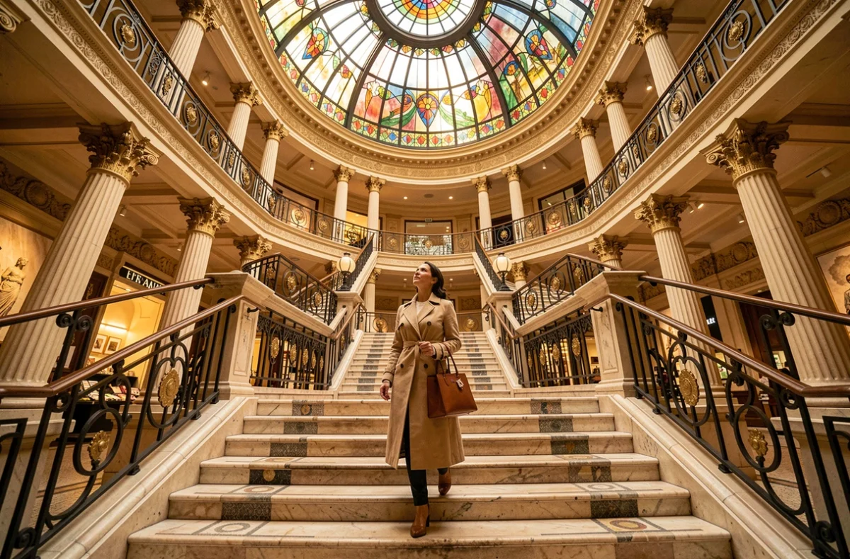 Intérieur historique d'un grand magasin parisien avec dôme en verre art nouveau et balustrades en fer forgé
