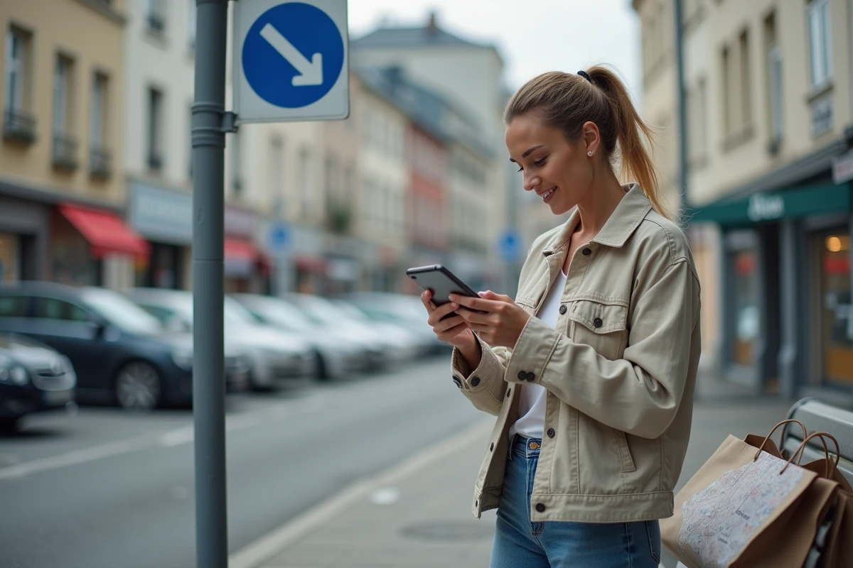 Femme consultant son téléphone à un arrêt de bus en banlieue parisienne avec sac shopping pour se rendre dans un magasin de vêtements