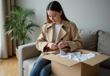 Zalando : Vente de vêtements neufs en ligne Jeune femme inspectant un vêtement dans un salon moderne