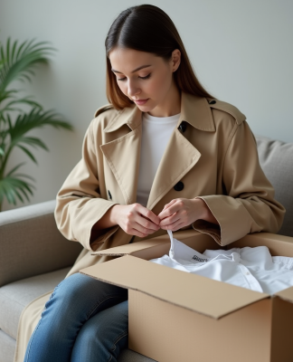 Jeune femme inspectant un vêtement dans un salon moderne
