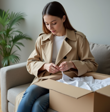 Zalando : Vente de vêtements neufs en ligne Jeune femme inspectant un vêtement dans un salon moderne