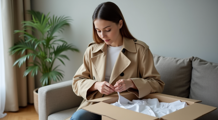 Jeune femme inspectant un vêtement dans un salon moderne