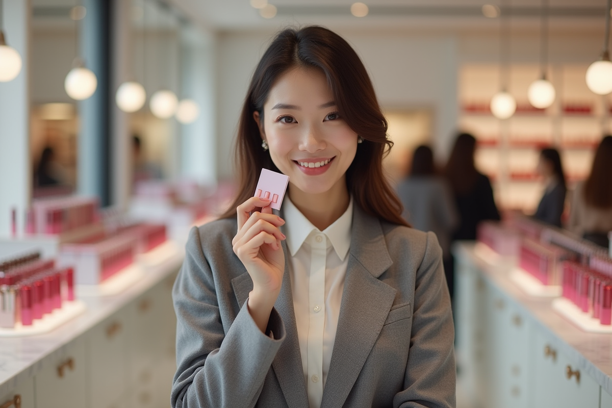 Jeune femme souriante avec rouge à lèvres dans une boutique de beauté