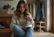 Chaussure : qu’est-ce que l’élément intérieur et comment le choisir ? Jeune femme examine une chaussure dans un intérieur cosy